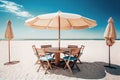 The table set, chairs and umbrella with beach and sky background. Concept for rest, relaxation. Generative AI.