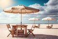 The table set, chairs and umbrella with beach and sky background. Concept for rest, relaxation. Generative AI.