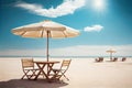 The table set, chairs and umbrella with beach and sky background. Concept for rest, relaxation. Generative AI.