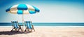 The table set, chairs and umbrella with beach and sky. Summer vacation, holidays concept banner. Generative AI. Royalty Free Stock Photo