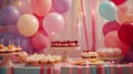 Table set for birthday with balloons, streamers, and desserts . Royalty Free Stock Photo