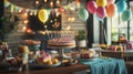 Table set for birthday with balloons, streamers, and desserts . Royalty Free Stock Photo