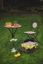 Table set for a birthday in the garden, basket with flowers and decorations. Royalty Free Stock Photo
