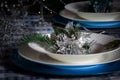 Table set for christmas dinner with decoration blue and silver Royalty Free Stock Photo