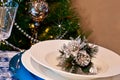 Table set for christmas dinner with decoration blue and silver Royalty Free Stock Photo