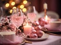 Table set for a christmas dinner with pink and gold decorations and candles, Christmas tree in the background. AI Royalty Free Stock Photo