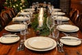 A table set for a christmas dinner with plates, silverware and candles, AI Royalty Free Stock Photo