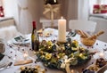 A table set for dinner meal at Christmas time. Royalty Free Stock Photo