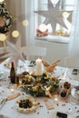 A table set for dinner meal at Christmas time. Royalty Free Stock Photo