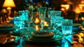 A table set for a dinner party each place setting featuring a unique piece of bioluminescent glassware. As the lights Royalty Free Stock Photo