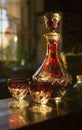 Table set for drinking alcohol. Soviet carafe for vodka and two glasses.