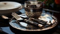 Table set with elegant crockery, silverware, and glassware for a meal generated by AI Royalty Free Stock Photo