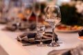 Table set for an event party or wedding reception. Wedding table setting. wine glasses Royalty Free Stock Photo