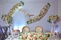 Table set for event party or white flowers wedding reception . Wedding banquet in restaurant, tables with flowers and decorations Royalty Free Stock Photo