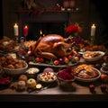 Table set with feast for Thanksgiving roast turkey, candles, vegetables, fruits. Turkey as the main dish of thanksgiving for the Royalty Free Stock Photo