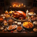 Table set with feast for Thanksgiving roast turkey, candles, vegetables, fruits. Turkey as the main dish of thanksgiving for the Royalty Free Stock Photo