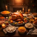 Table set with feast for Thanksgiving roast turkey, candles, vegetables, fruits. Turkey as the main dish of thanksgiving for the Royalty Free Stock Photo