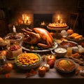 Table set with feast for Thanksgiving roast turkey, candles, vegetables, fruits. Turkey as the main dish of thanksgiving for the Royalty Free Stock Photo