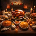 Table set with feast for Thanksgiving roast turkey, candles, vegetables, fruits. Turkey as the main dish of thanksgiving for the Royalty Free Stock Photo