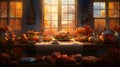 A table set with food, a roast turkey, and candles and pumpkins all around with a view of the autumn landscape in the background. Royalty Free Stock Photo