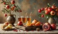 A table is set with fruit and drinks, including pomegranate juice and apple juice. There are also apples and oranges on Royalty Free Stock Photo