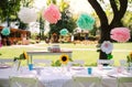 A table set for kids birthday party outdoors in garden in summer. Royalty Free Stock Photo