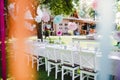 A table set for kids birthday party outdoors in garden in summer. Royalty Free Stock Photo