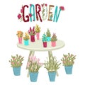 Table with a set of potted plants. Lettering Garden. Vector cartoon illustration