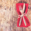 table set with red napkin. Royalty Free Stock Photo