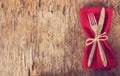 table set with red napkin. Royalty Free Stock Photo