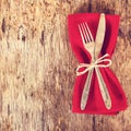 table set with red napkin. Royalty Free Stock Photo