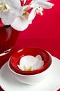 Table set with red orchid flowers Royalty Free Stock Photo