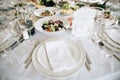 Table set service with food and drink at restaurant for wedding dinner party Royalty Free Stock Photo