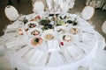 Table set service with food and drink at restaurant for wedding dinner party Royalty Free Stock Photo