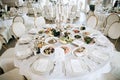 Table set service with food and drink at restaurant for wedding dinner party Royalty Free Stock Photo