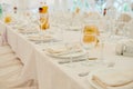 Table set with sparkling wineglasses, plates with serviette and cutlery on table, copy space. Royalty Free Stock Photo