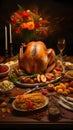 Table set for Thanksgiving, giant turkey, candles, flowers, corn, vegetables, fruit. Turkey as the main dish of thanksgiving for