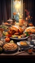 Table set for Thanksgiving, giant turkey, candles, flowers, corn, vegetables, fruit. Turkey as the main dish of thanksgiving for