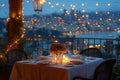 A table set for two on a rooftop overlooking city lights, creating a romantic ambiance