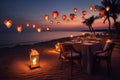 Table Set Up on Beach for Dinner, Outdoor Meal With Ocean View, Romantic seaside dinner with heart-shaped lanterns, AI Generated Royalty Free Stock Photo