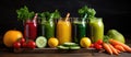 Various fruit juices and natural foods are displayed on the table Royalty Free Stock Photo