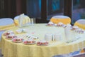 table set for wedding or another catered event dinner, luxury wedding table setting for fine dining at indoors. Royalty Free Stock Photo