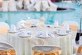 Table set for wedding or another catered event dinner, luxury wedding table setting for fine dining at outdoors. Royalty Free Stock Photo