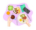 Table Setting Above View with Hands Holding Plate with Grilled Vegetables with Smartphone Rested Nearby Vector