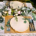 Table setting for banquet with flowers, void Royalty Free Stock Photo