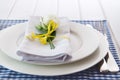 Table setting with blue checkered tablecloth, white napkin and y Royalty Free Stock Photo