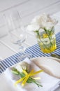 Table setting with blue checkered tablecloth, white napkin and y