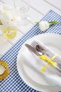 Table setting with blue checkered tablecloth, white napkin and y Royalty Free Stock Photo