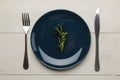 Table setting. Blue plate and Cutlery, fork and knife on a white wooden table. top view Royalty Free Stock Photo