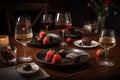 table setting with chocolate-covered strawberries, glass of red wine, and plate of assorted desserts